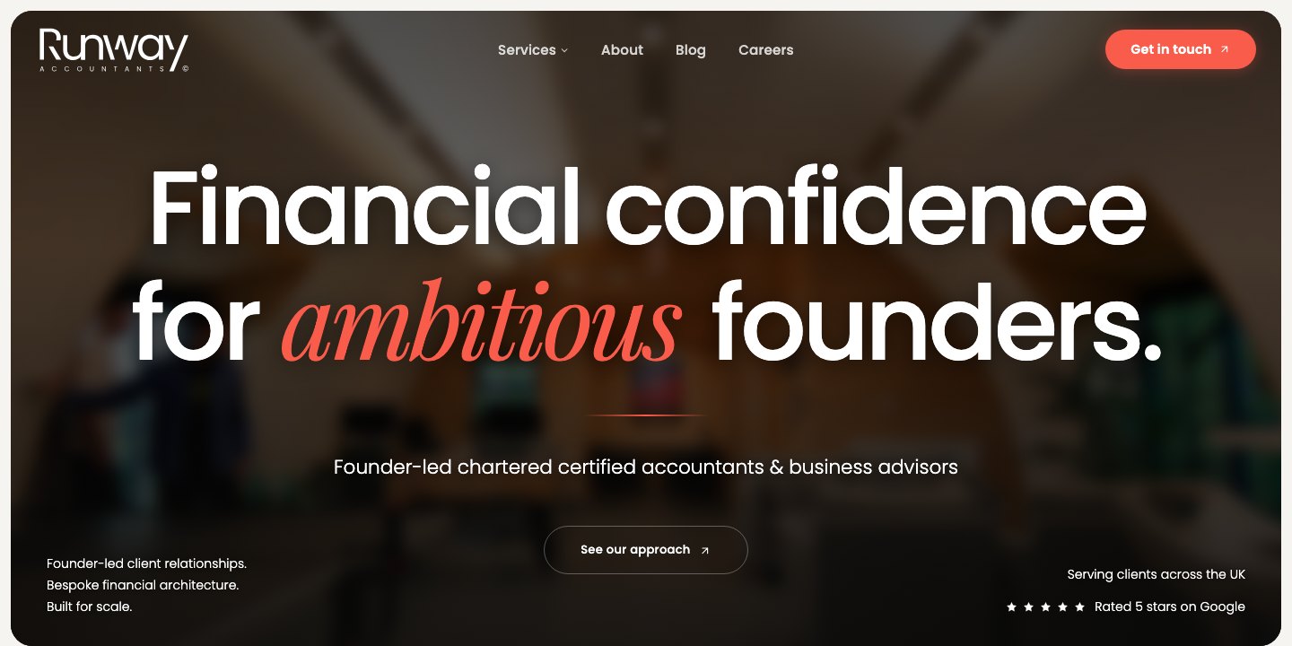 The Runway Accountants homepage, headlined “Financial confidence for ambitious founders.”